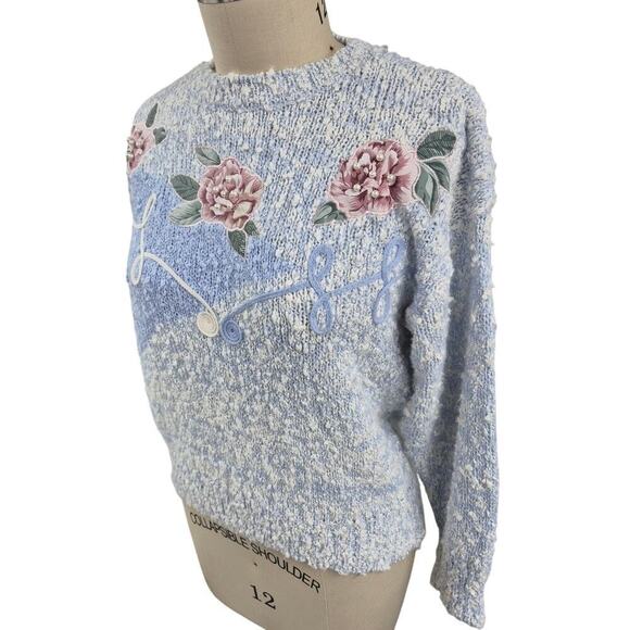 80s Vtg Needles & Yarn Grandma Acrylic Sweater Blue Rose Applique/Pearl 3D M - Picture 2 of 5